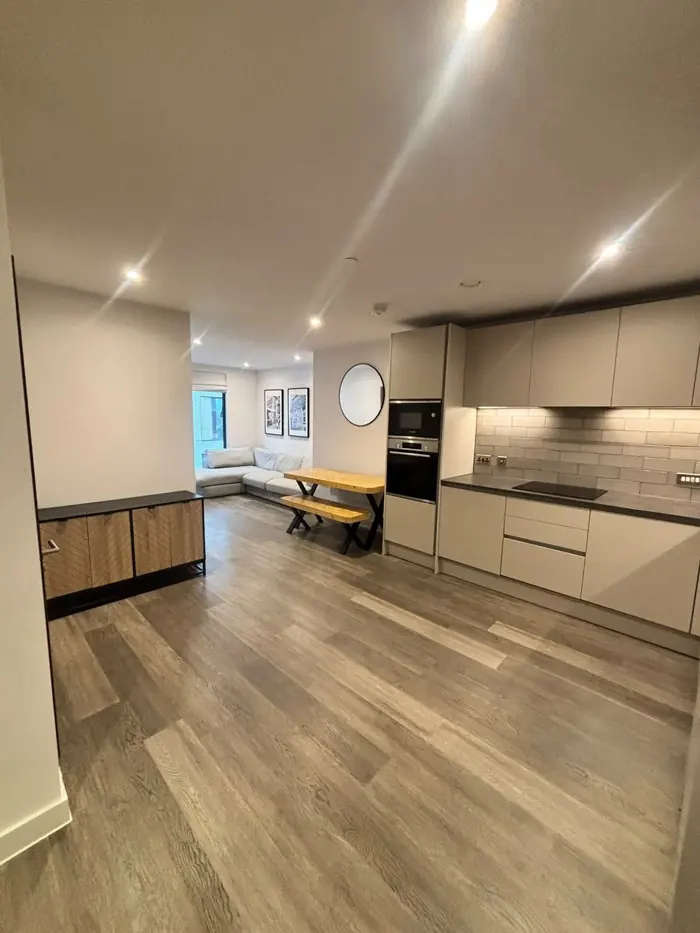 Open-plan flat with kitchen and lounge after an end of tenancy clean