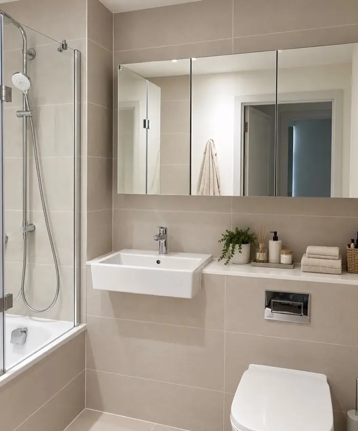 Clean bathroom with polished mirror cabinet and bath screen
